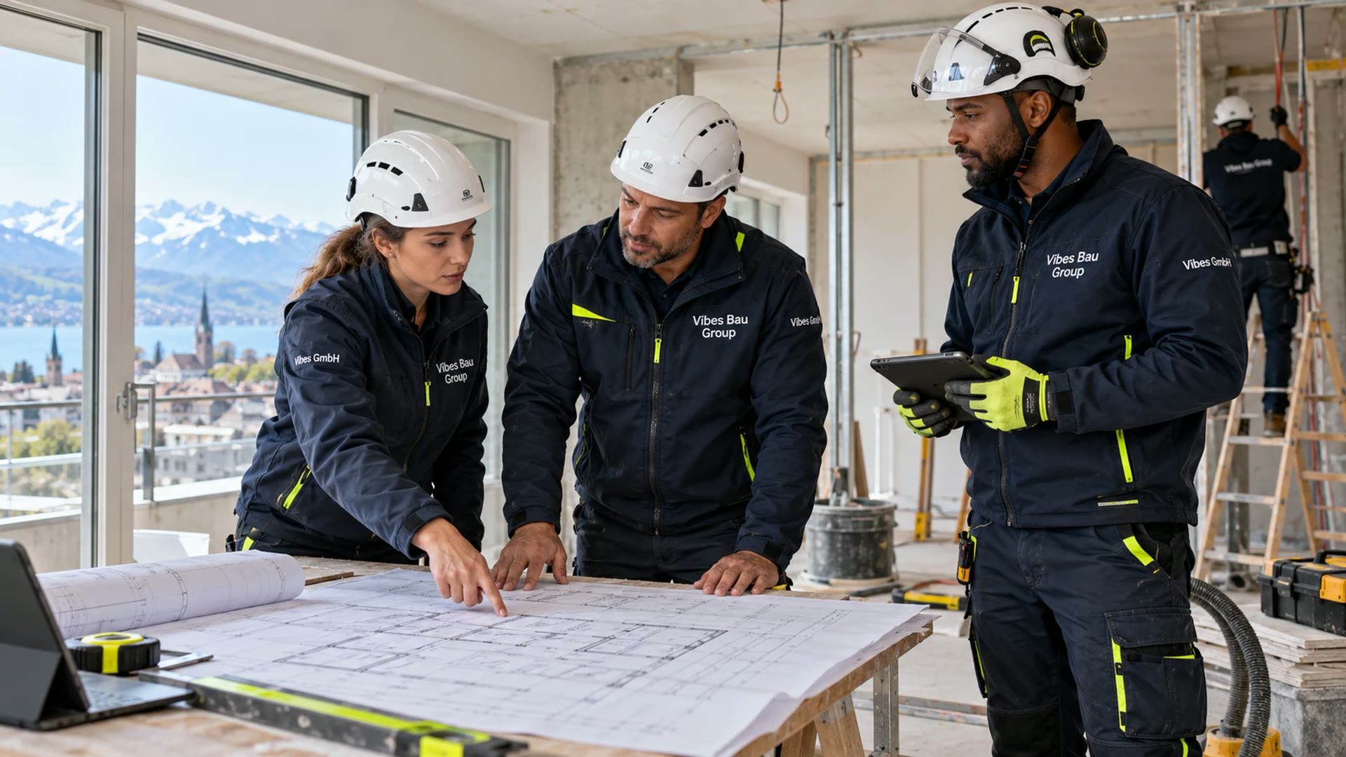 Drei Fachleute besprechen auf der Baustelle einen Bauplan, KI-Visualisierung
